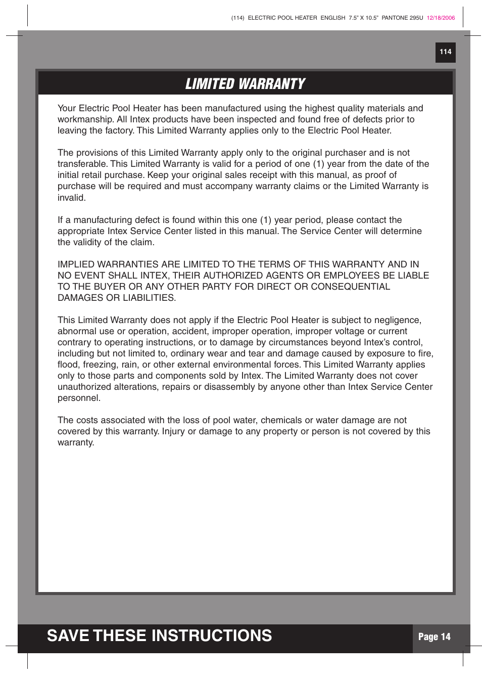 Save these instructions, Limited warranty, Parts list | Intex Recreation HT30220 User Manual | Page 14 / 15