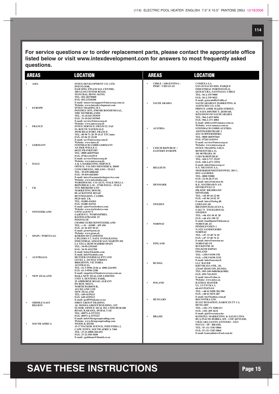 Save these instructions, Page 15, Areas location areas location | Intex Recreation HT30220 User Manual | Page 15 / 15