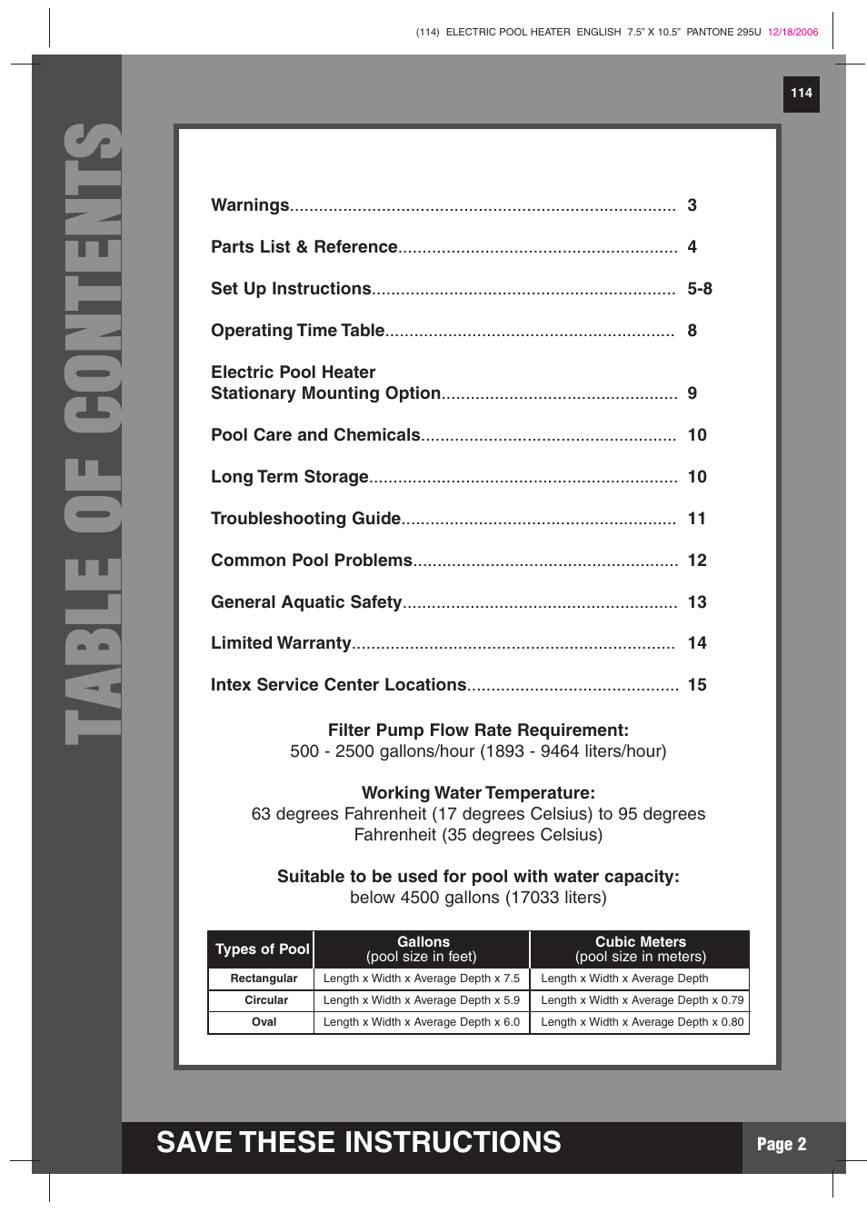 Tt aa bb llee oo ff cc oo nn tt ee nn tt ss | Intex Recreation HT30220 User Manual | Page 2 / 15
