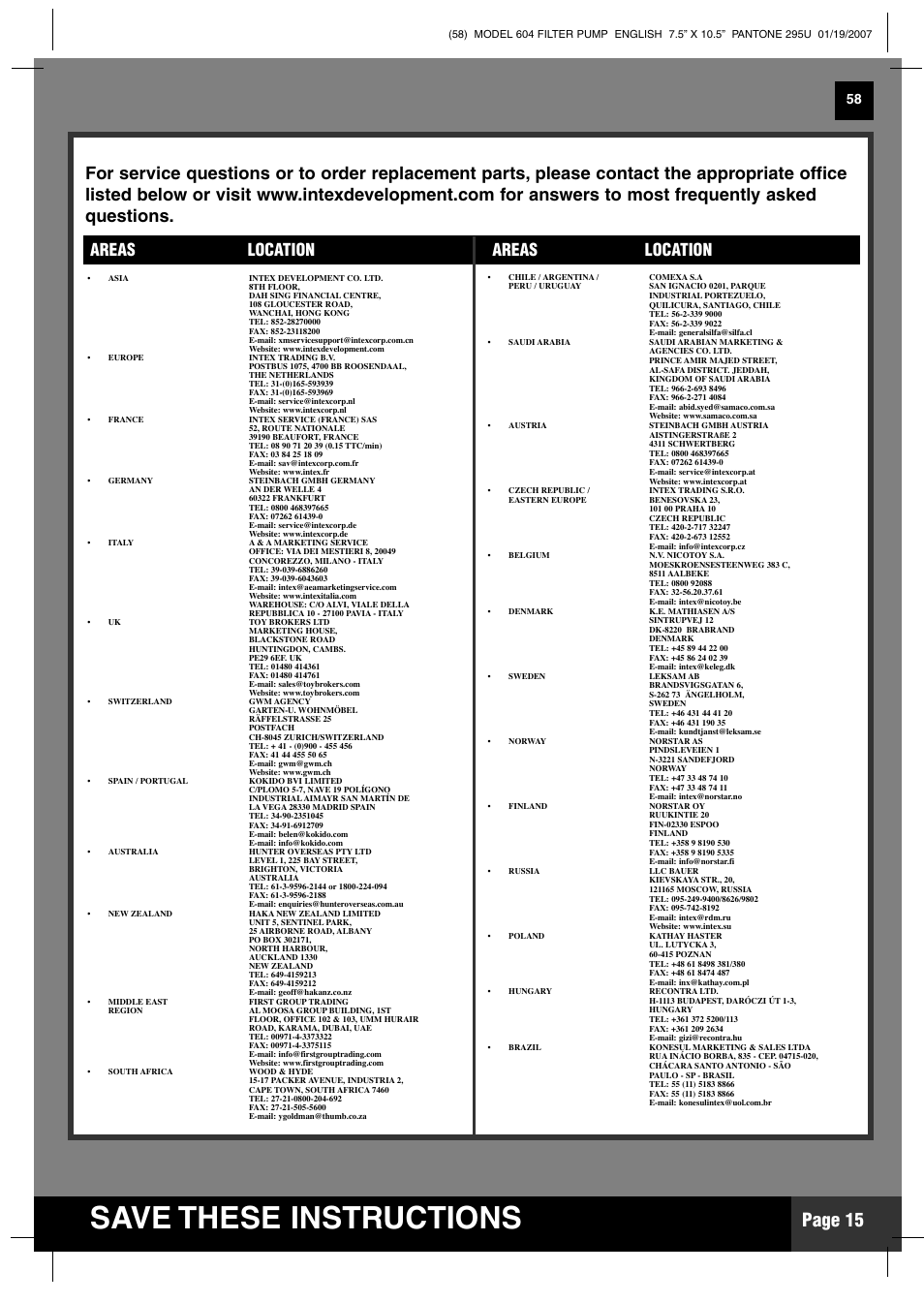 Save these instructions, Page 15, Areas location areas location | Intex Recreation Krystal Clear 604 User Manual | Page 15 / 15