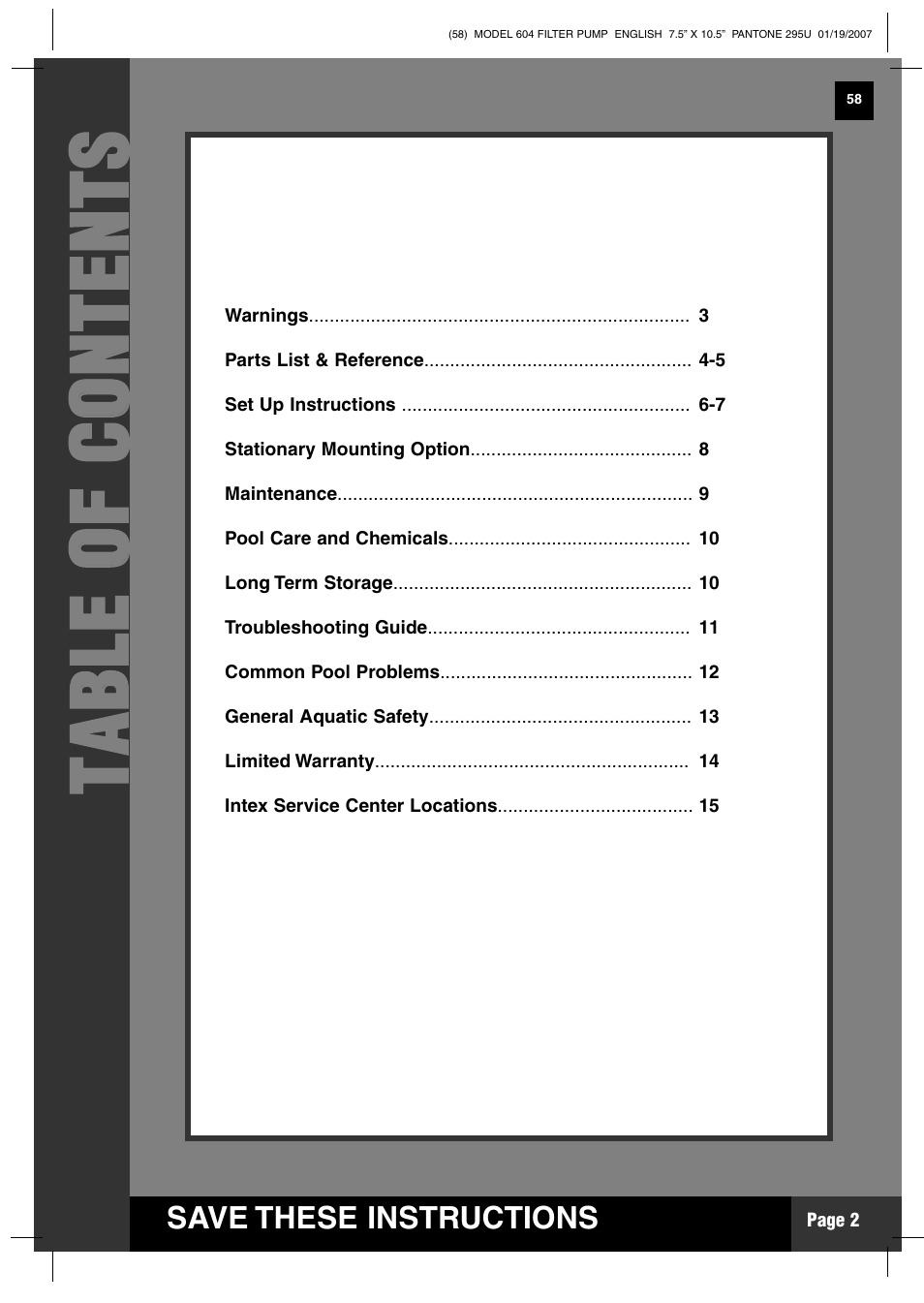 Tt aa bb llee oo ff cc oo nn tt ee nn tt ss | Intex Recreation Krystal Clear 604 User Manual | Page 2 / 15