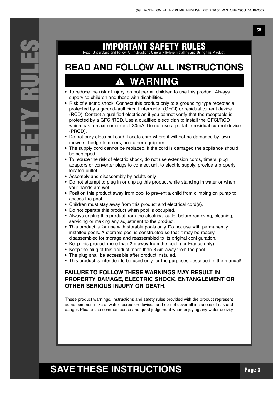 Ss aa ff ee tt yy rr uu llee ss | Intex Recreation Krystal Clear 604 User Manual | Page 3 / 15