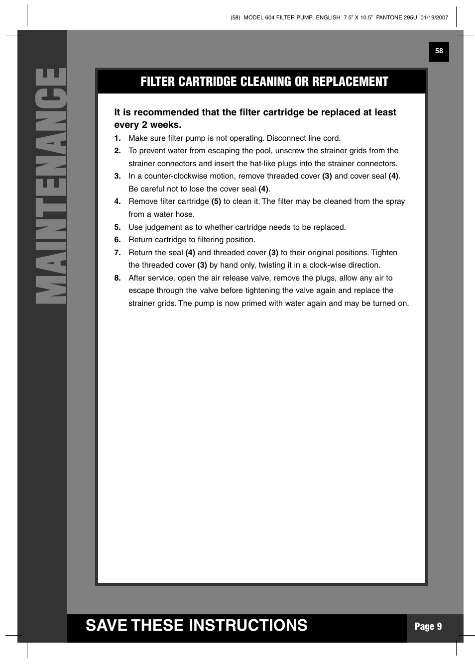 Mm aa iinn tt ee nn aa nn cc ee | Intex Recreation Krystal Clear 604 User Manual | Page 9 / 15
