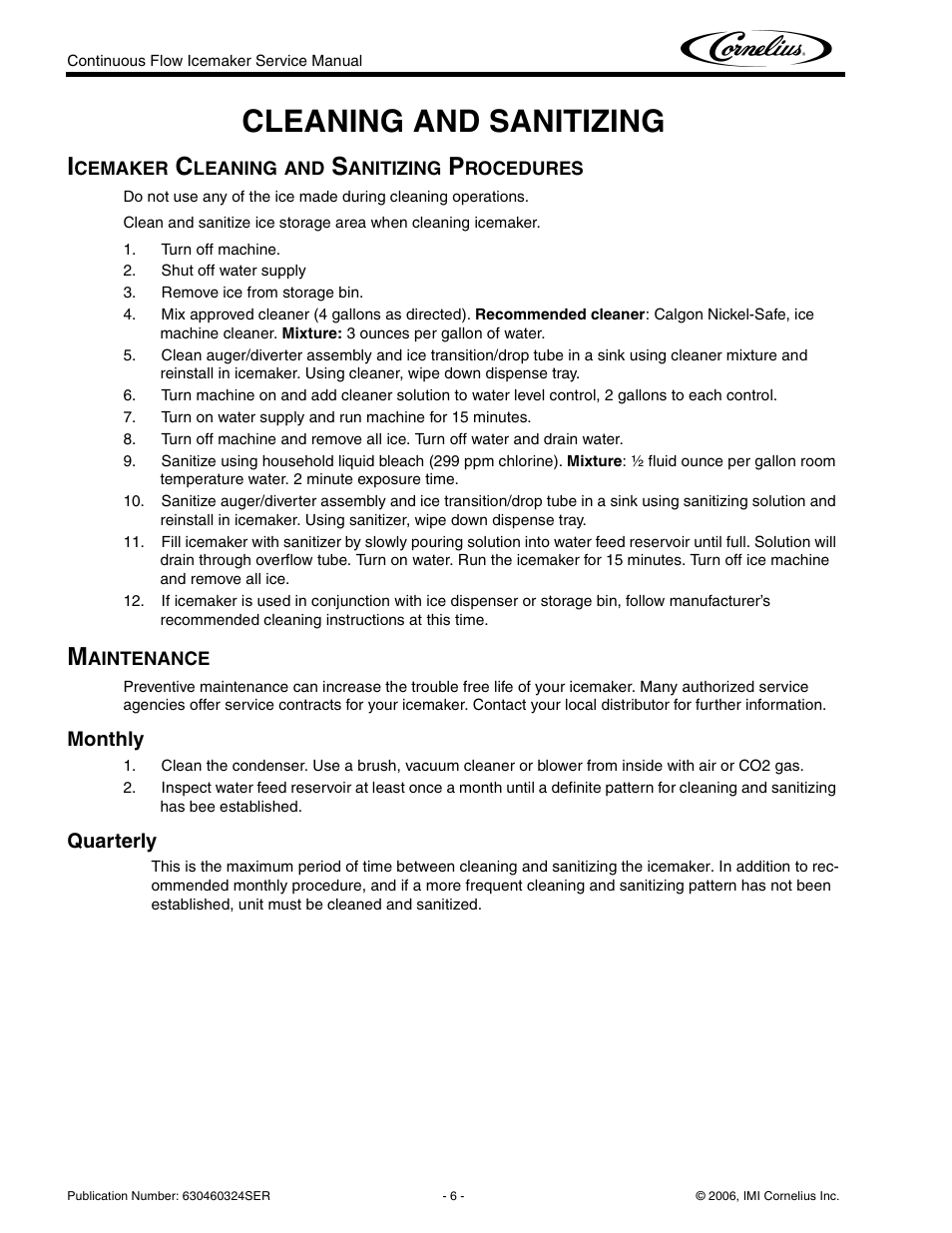 Cleaning and sanitizing, Monthly, Quarterly | Cornelius WCF1411-A User Manual | Page 10 / 22