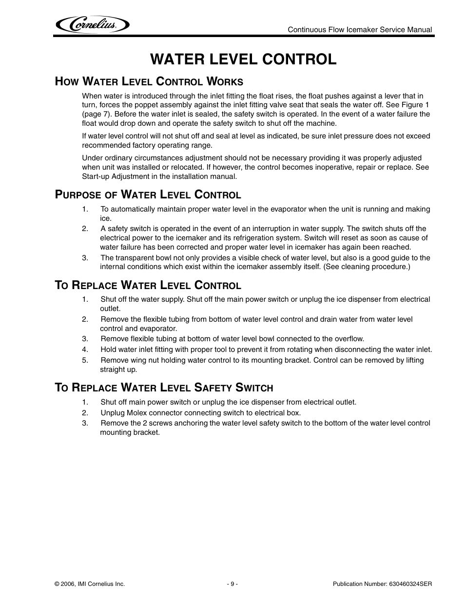 Water level control | Cornelius WCF1411-A User Manual | Page 13 / 22