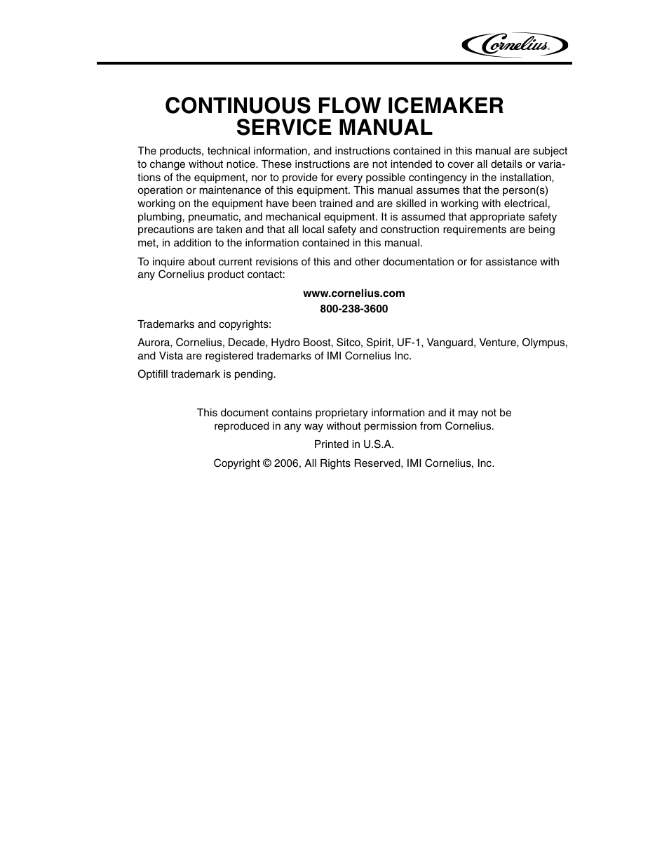 Continuous flow icemaker service manual | Cornelius WCF1411-A User Manual | Page 2 / 22