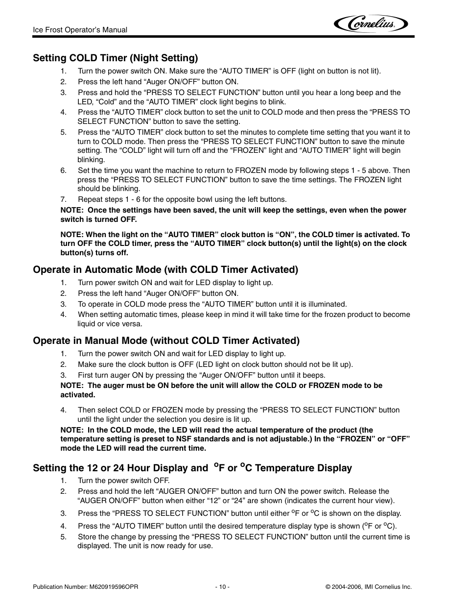 Setting cold timer (night setting), Setting the 12 or 24 hour display and, F or | C temperature display | Cornelius ICE FROST User Manual | Page 14 / 32