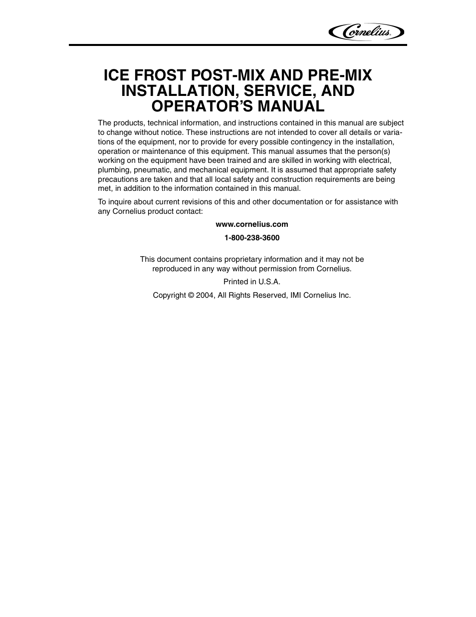 Cornelius ICE FROST User Manual | Page 2 / 32