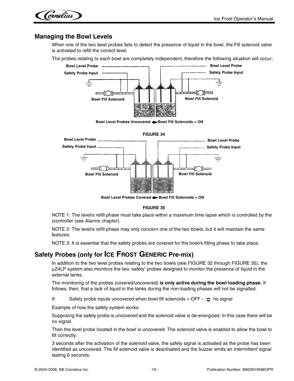 Managing the bowl levels, Safety probes (only for, Pre-mix) | Cornelius ICE FROST User Manual | Page 23 / 32