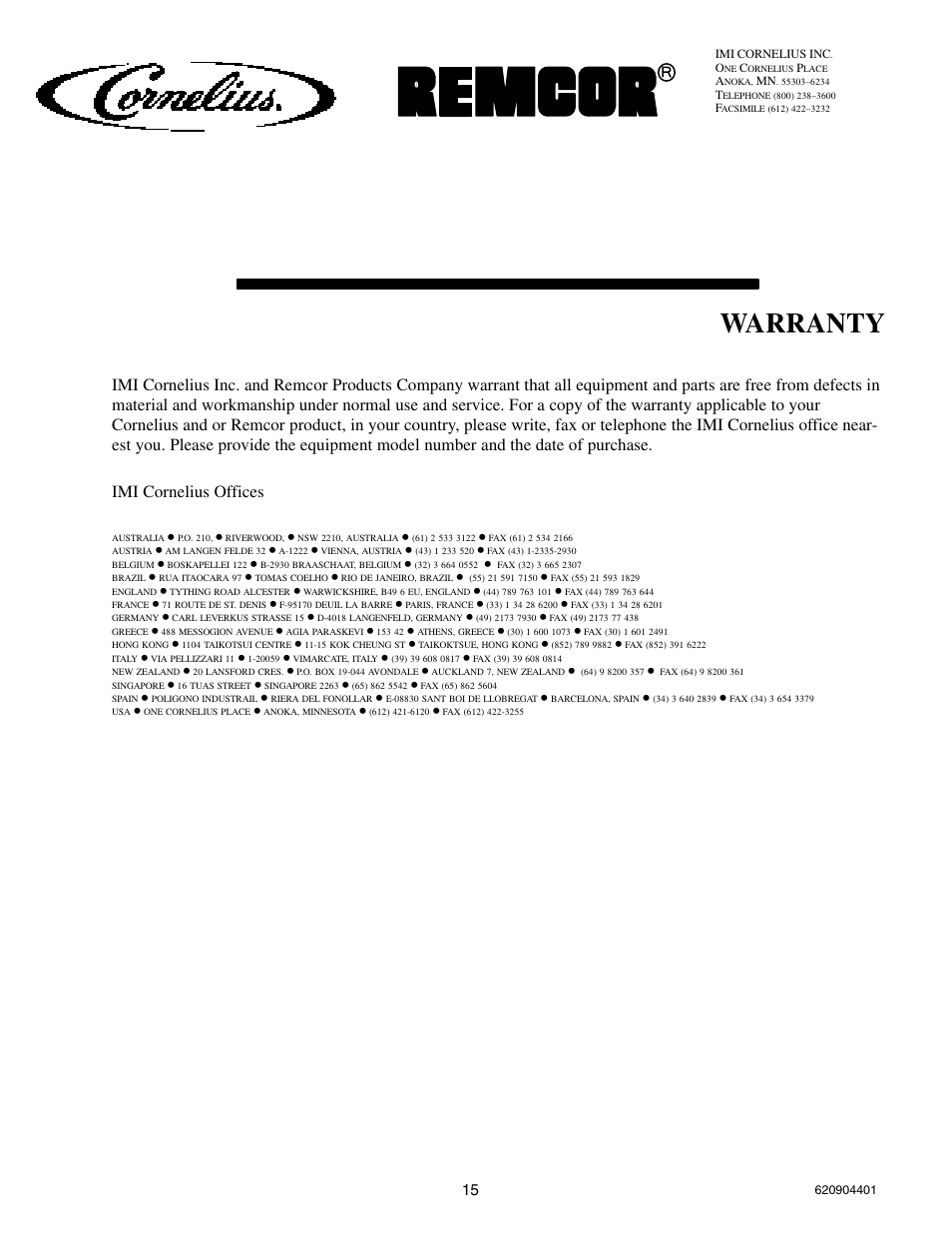 Warranty | Cornelius ENDURO-150 User Manual | Page 17 / 18