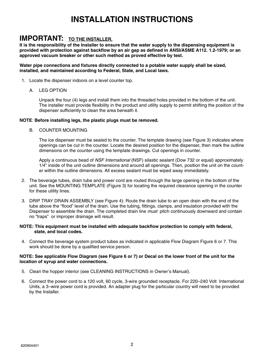 Installation instructions, Important | Cornelius ENDURO-150 User Manual | Page 4 / 18
