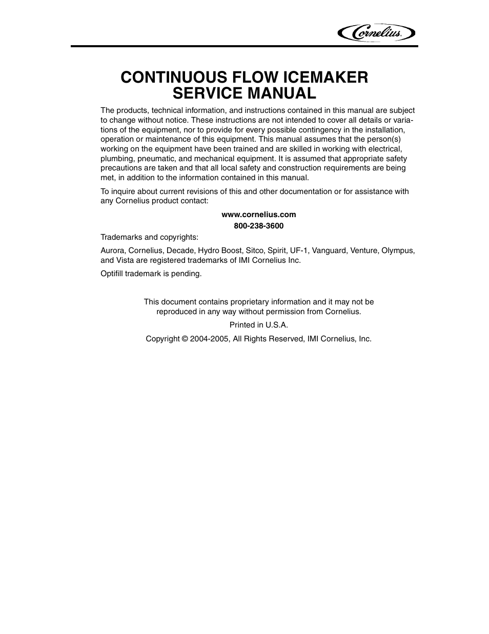 Continuous flow icemaker service manual | Cornelius 700 - Series User Manual | Page 2 / 26