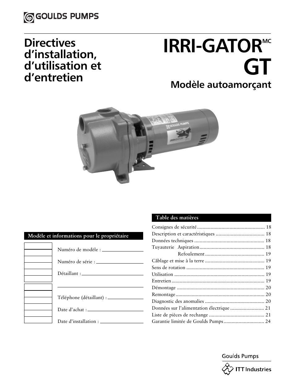 Irri-gator, Modèle autoamorçant | ITT IRRI-GATOR GT30 User Manual | Page 17 / 24