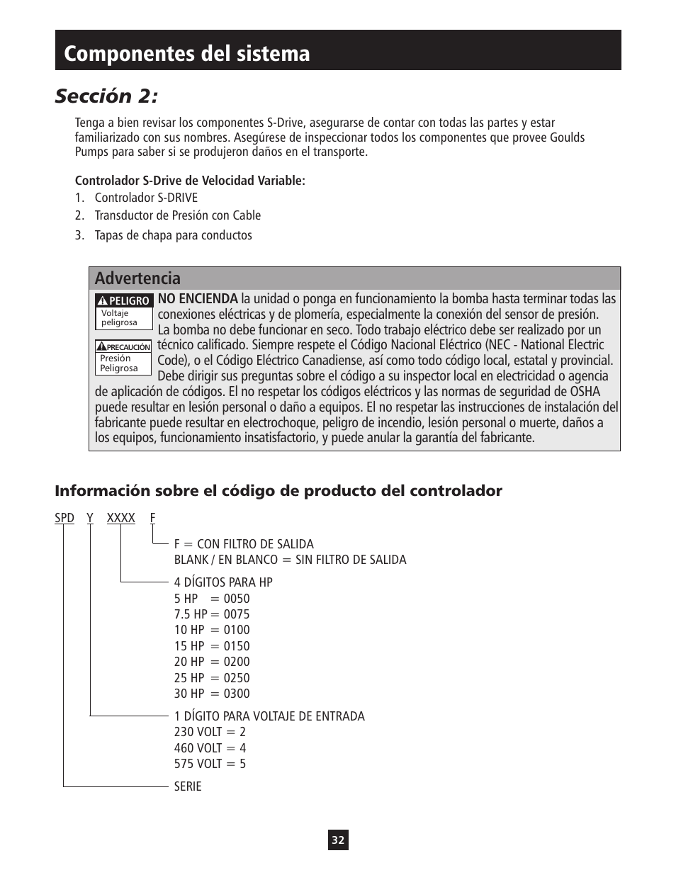 Componentes del sistema, Sección 2, Advertencia | ITT S-DRIVE IM213 User Manual | Page 32 / 84