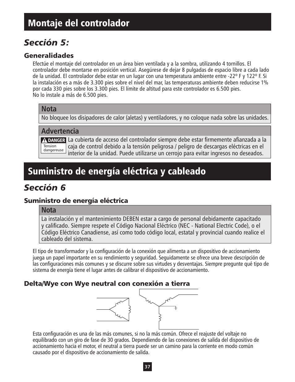 Suministro de energía eléctrica y cableado, Montaje del controlador, Sección 5 | Sección 6, Nota, Advertencia | ITT S-DRIVE IM213 User Manual | Page 37 / 84