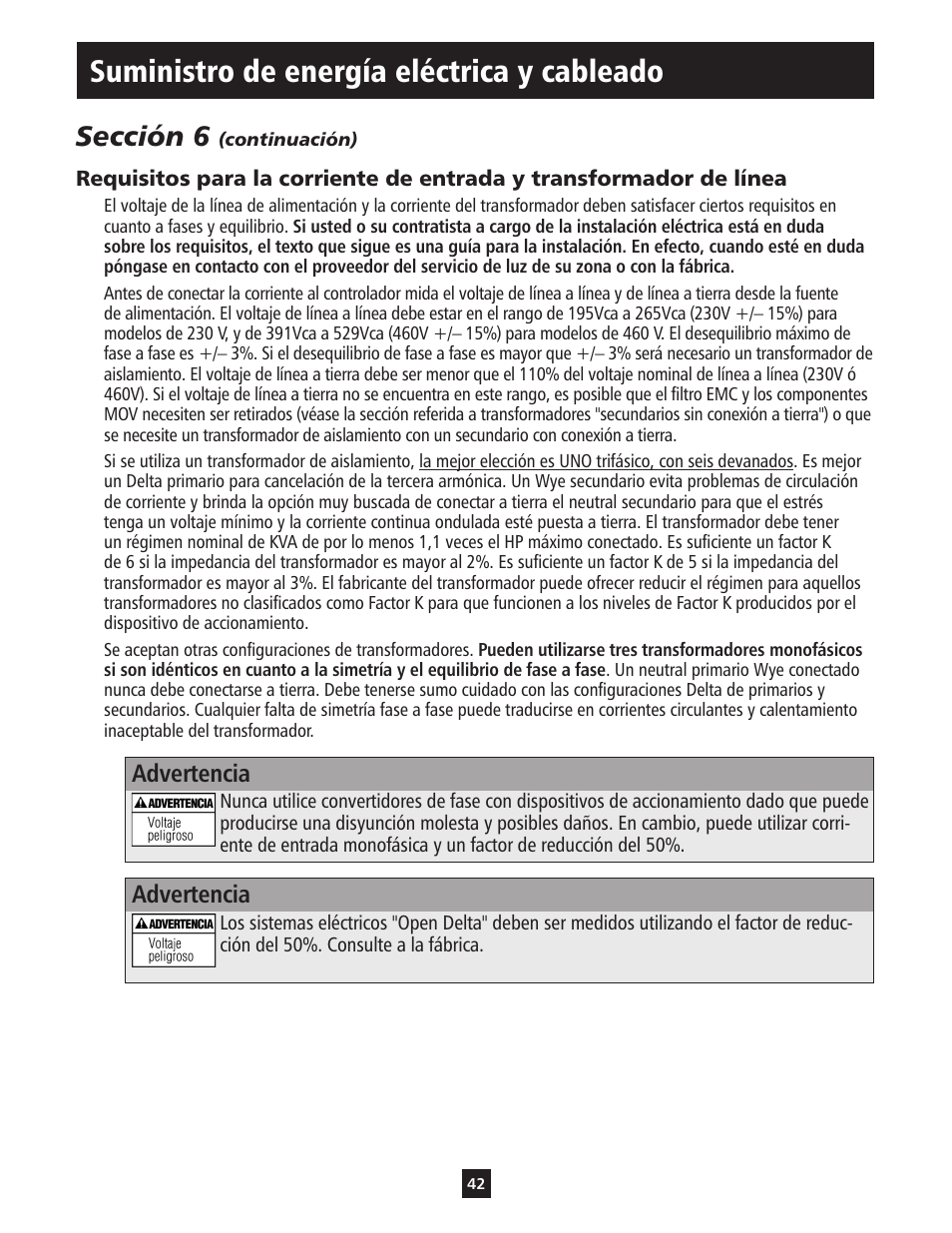 Suministro de energía eléctrica y cableado, Sección 6, Advertencia | ITT S-DRIVE IM213 User Manual | Page 42 / 84