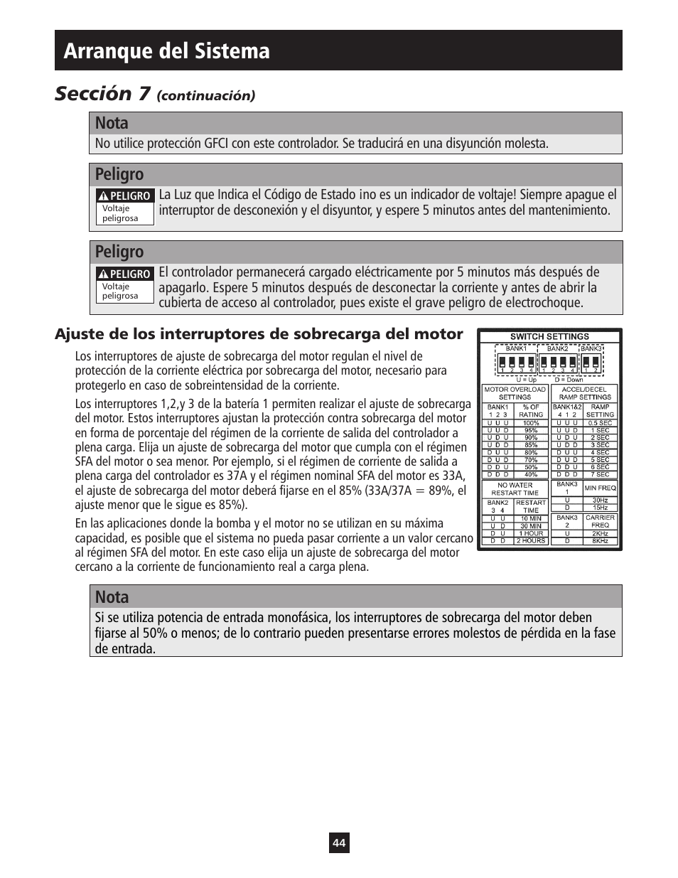 Arranque del sistema, Sección 7, Nota | Peligro | ITT S-DRIVE IM213 User Manual | Page 44 / 84