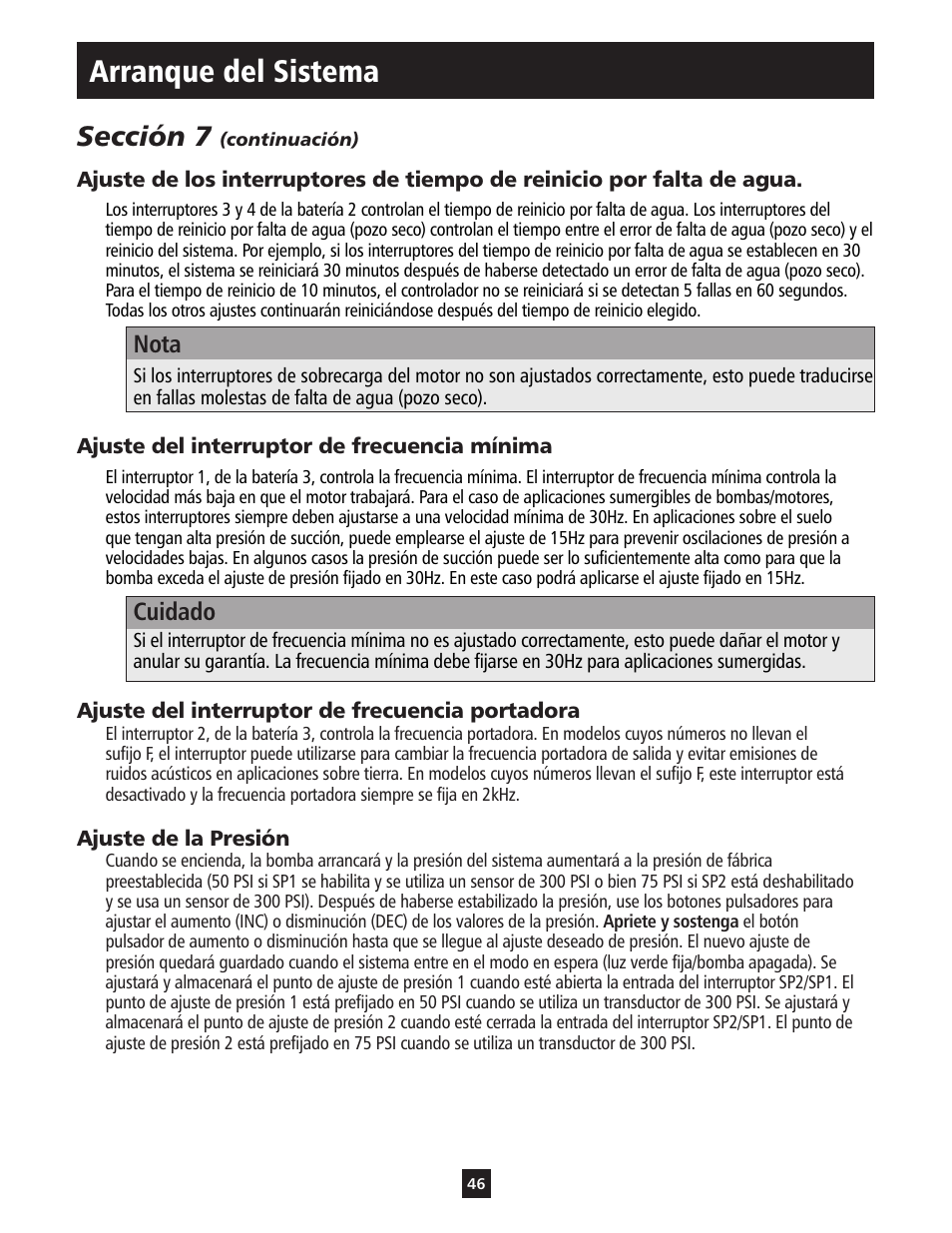 Arranque del sistema, Sección 7, Nota | Cuidado | ITT S-DRIVE IM213 User Manual | Page 46 / 84