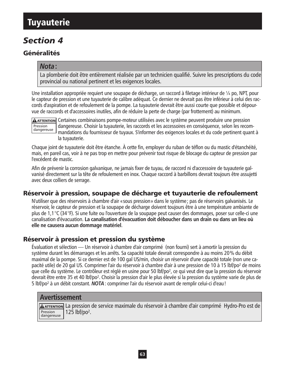 Tuyauterie, Nota, Avertissement | ITT S-DRIVE IM213 User Manual | Page 63 / 84