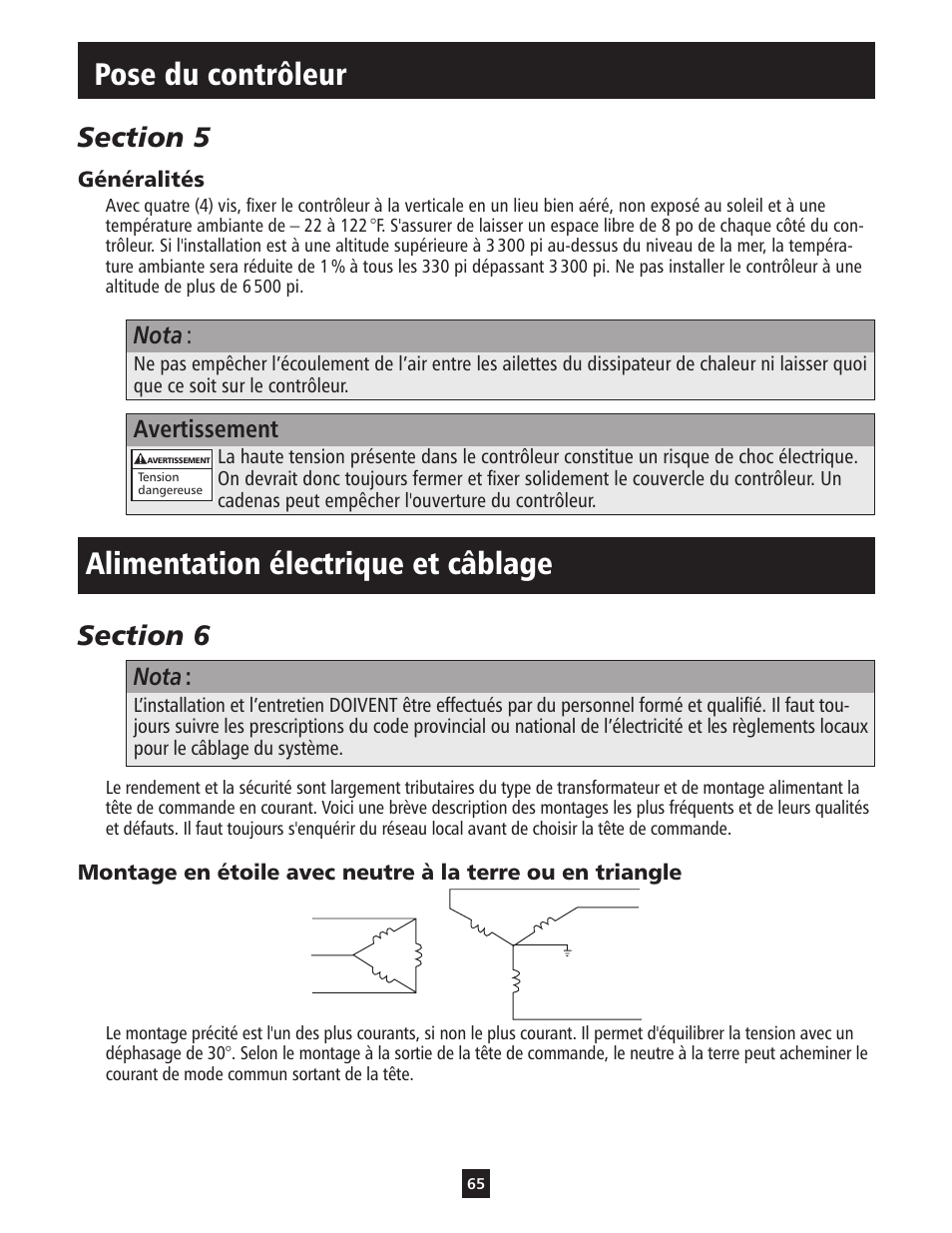 Alimentation électrique et câblage, Pose du contrôleur, Nota | Avertissement | ITT S-DRIVE IM213 User Manual | Page 65 / 84