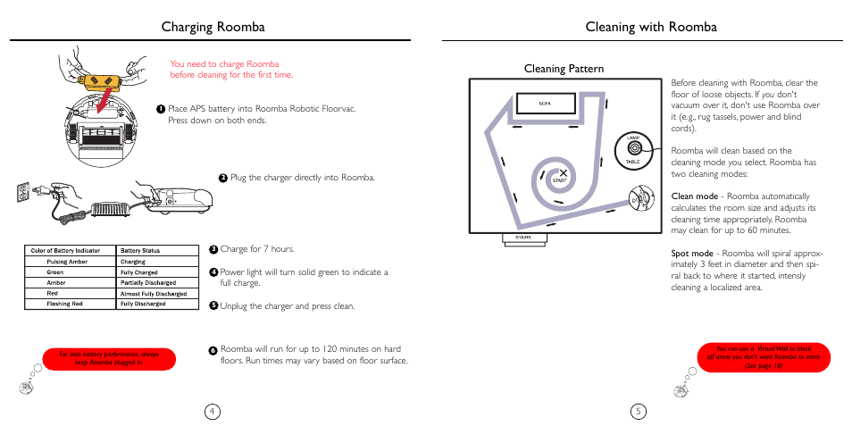 Cleaning with roomba charging roomba, Cleaning pattern | iRobot 4110 User Manual | Page 4 / 8