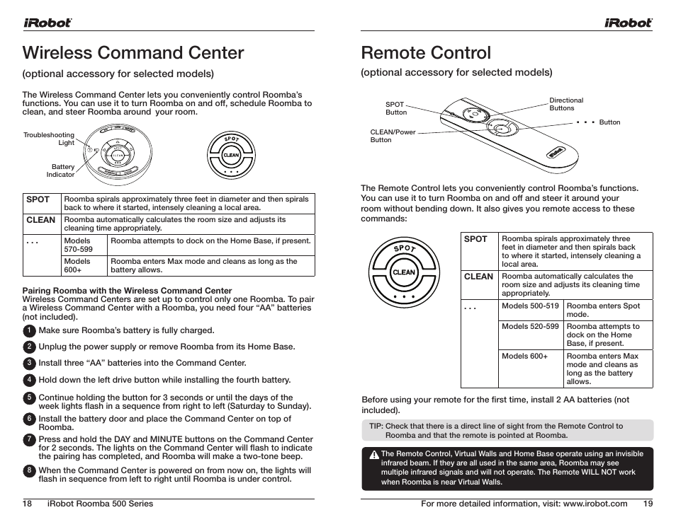 Remote control, Wireless command center | iRobot ROOMBA 500 User Manual | Page 10 / 19