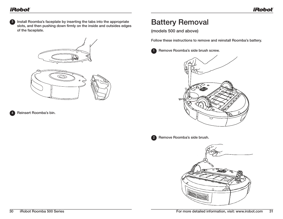 Battery removal | iRobot ROOMBA 500 User Manual | Page 16 / 19