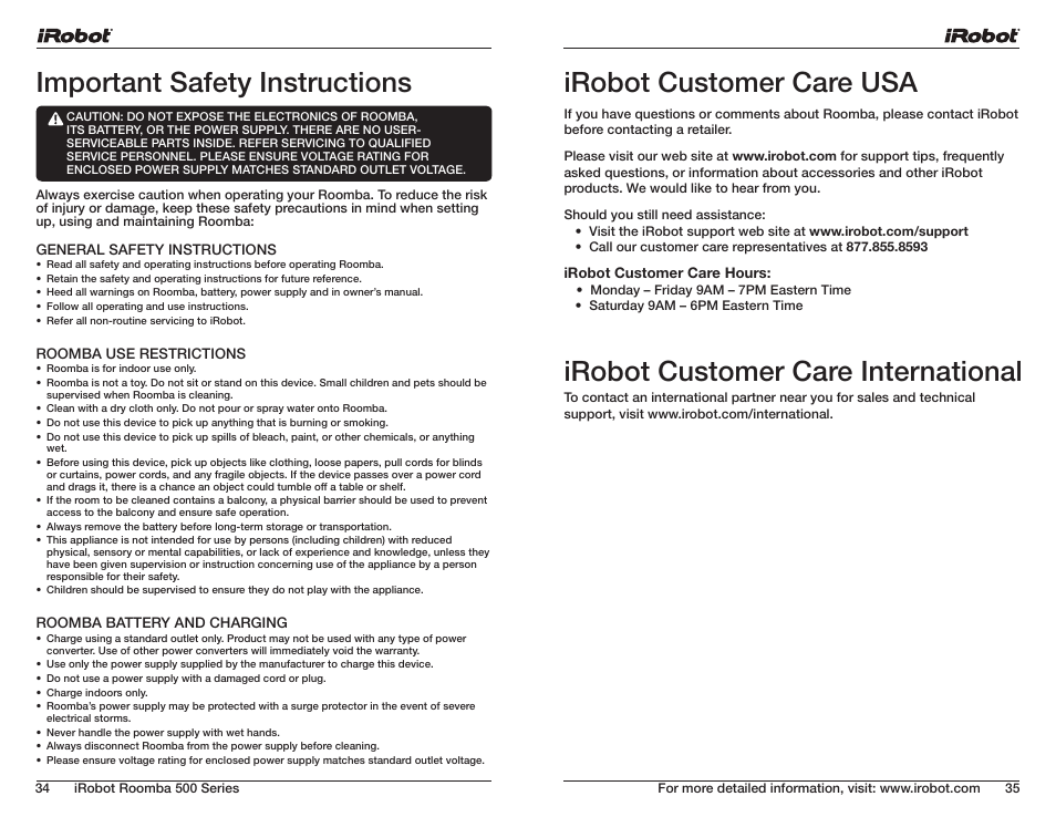 Irobot customer care international | iRobot ROOMBA 500 User Manual | Page 18 / 19