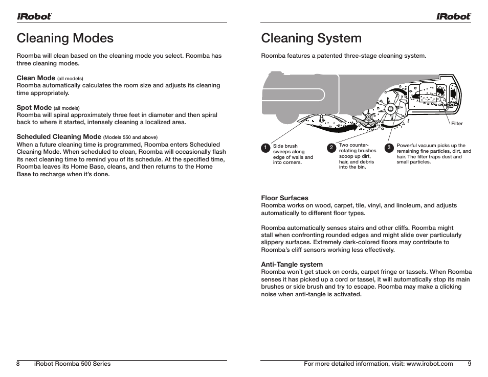 Cleaning modes, Cleaning system | iRobot ROOMBA 500 User Manual | Page 5 / 19