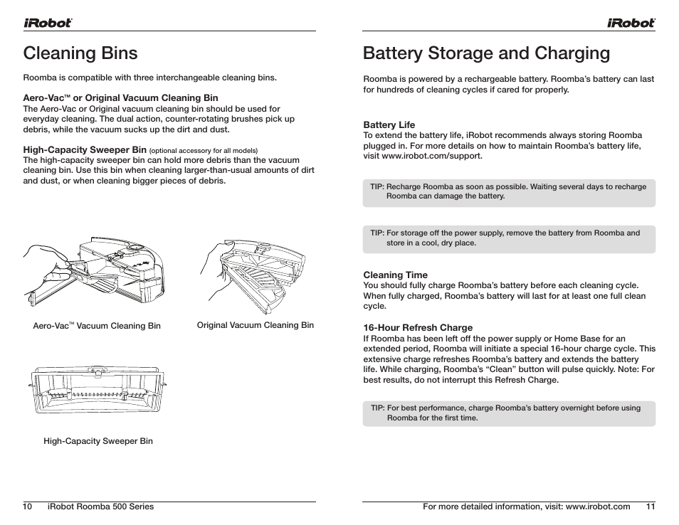 Cleaning bins, Battery storage and charging | iRobot ROOMBA 500 User Manual | Page 6 / 19