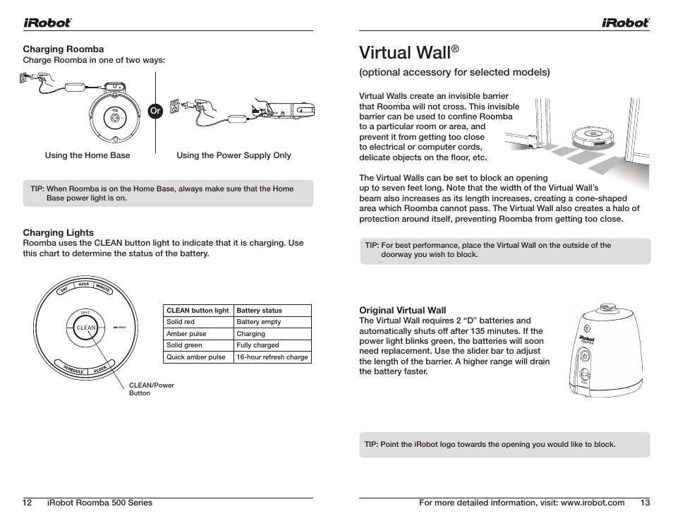 Virtual wall | iRobot ROOMBA 500 User Manual | Page 7 / 19