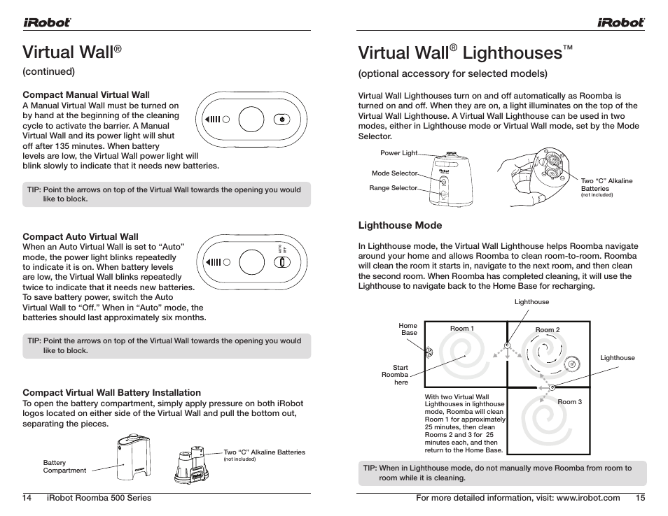 Virtual wall, Lighthouses | iRobot ROOMBA 500 User Manual | Page 8 / 19