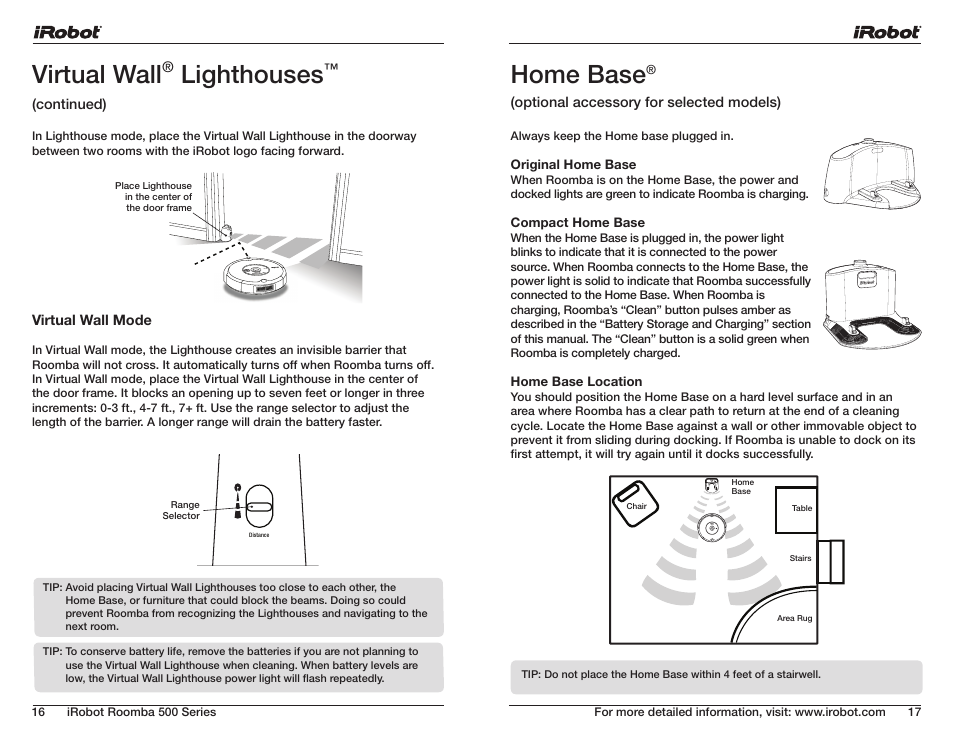 Home base, Virtual wall, Lighthouses | iRobot ROOMBA 500 User Manual | Page 9 / 19