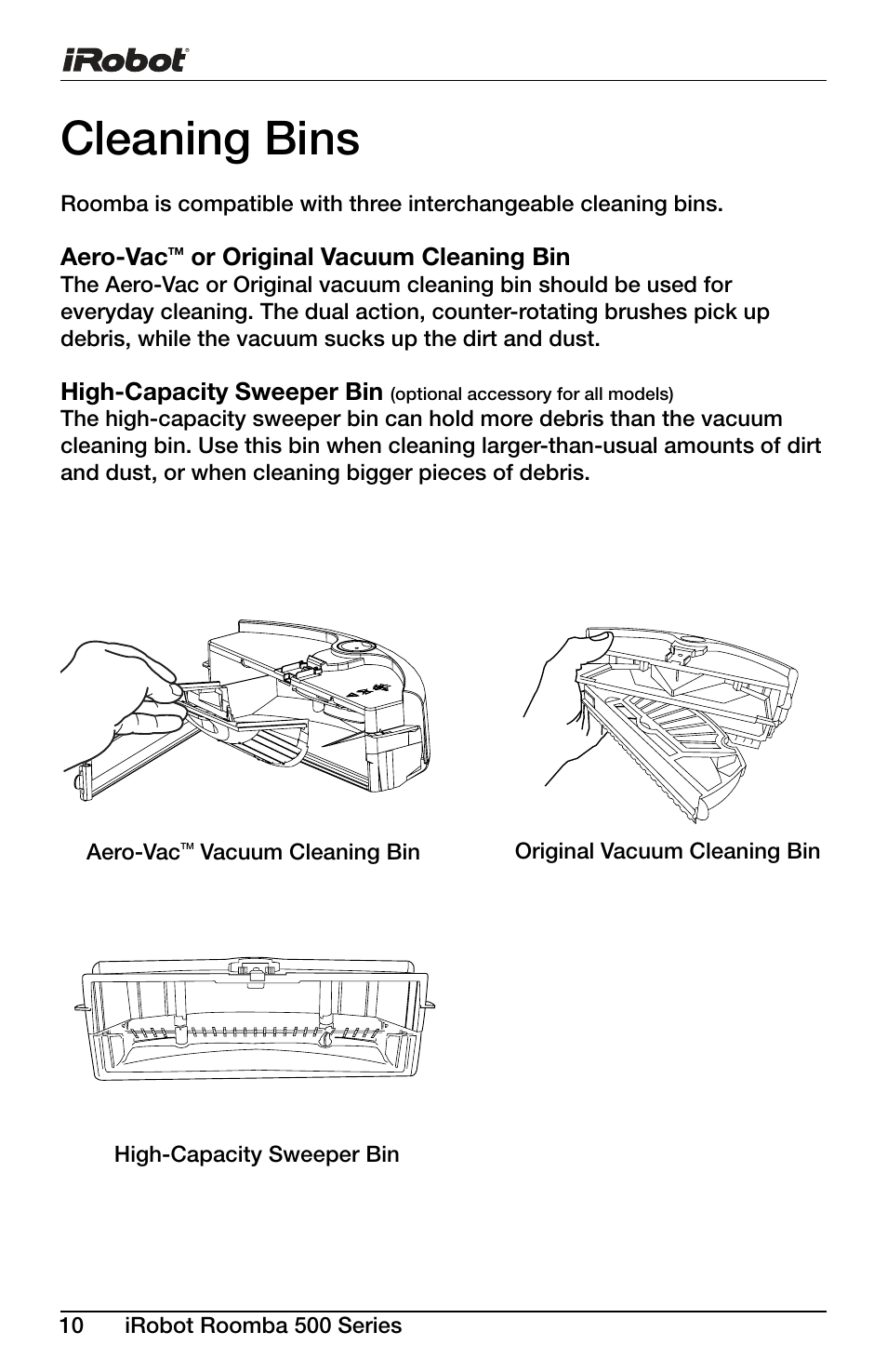 Cleaning bins | iRobot Roomba 600 Series User Manual | Page 10 / 36