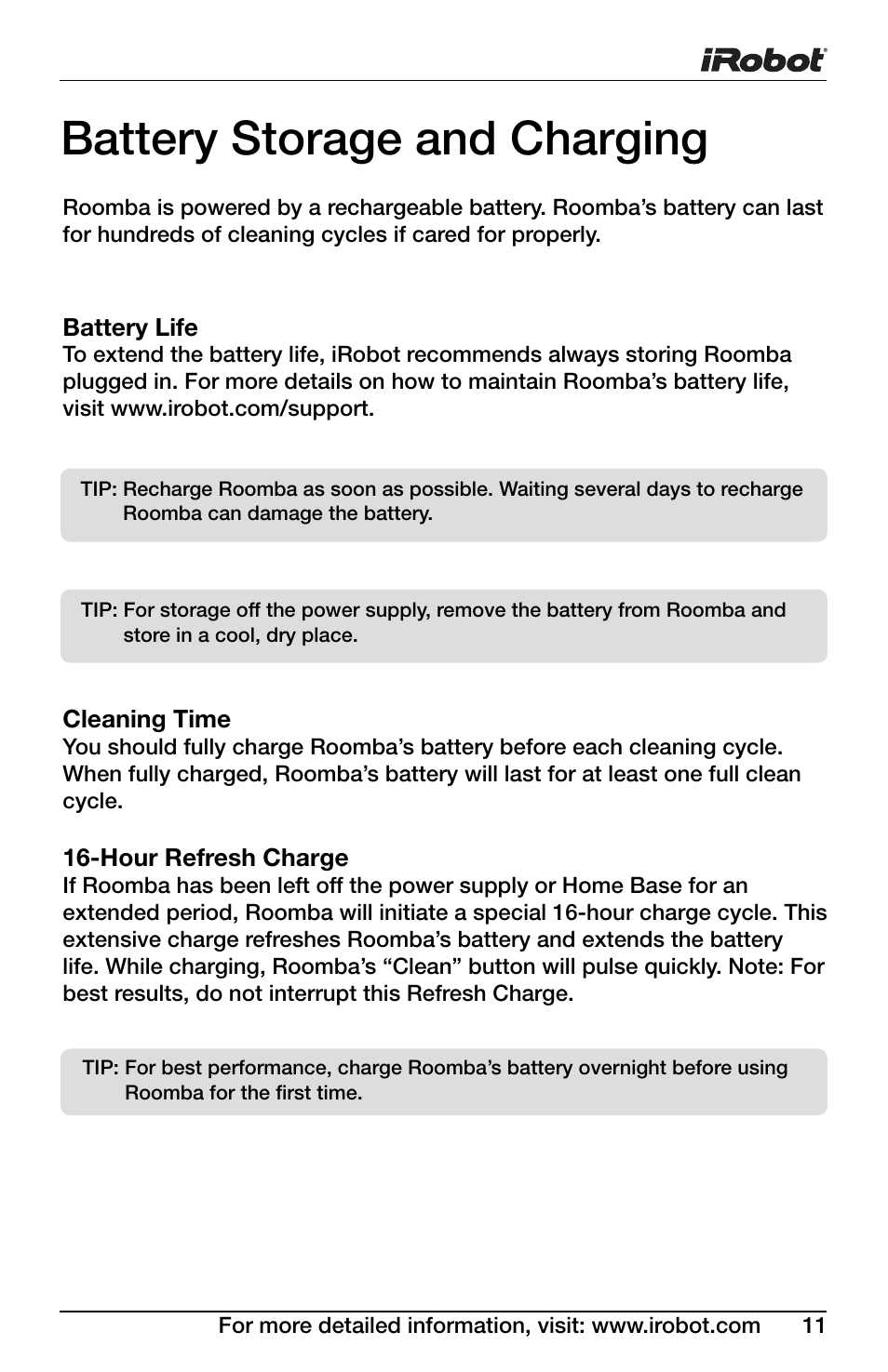 Battery storage and charging | iRobot Roomba 600 Series User Manual | Page 11 / 36