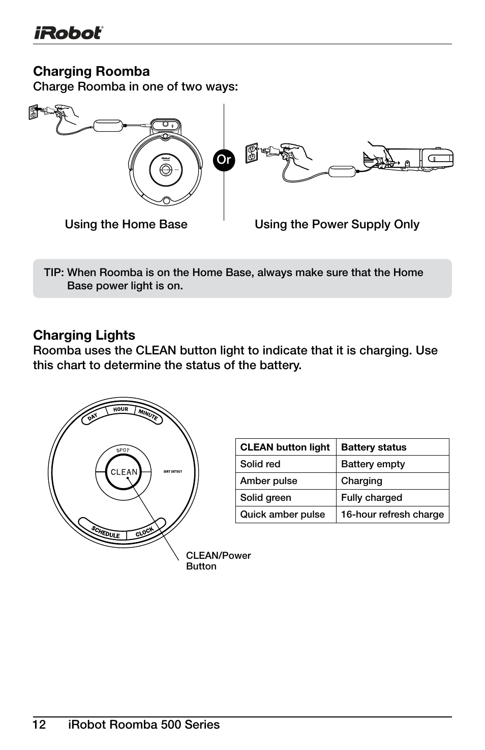 Charging roomba, Charging lights | iRobot Roomba 600 Series User Manual | Page 12 / 36