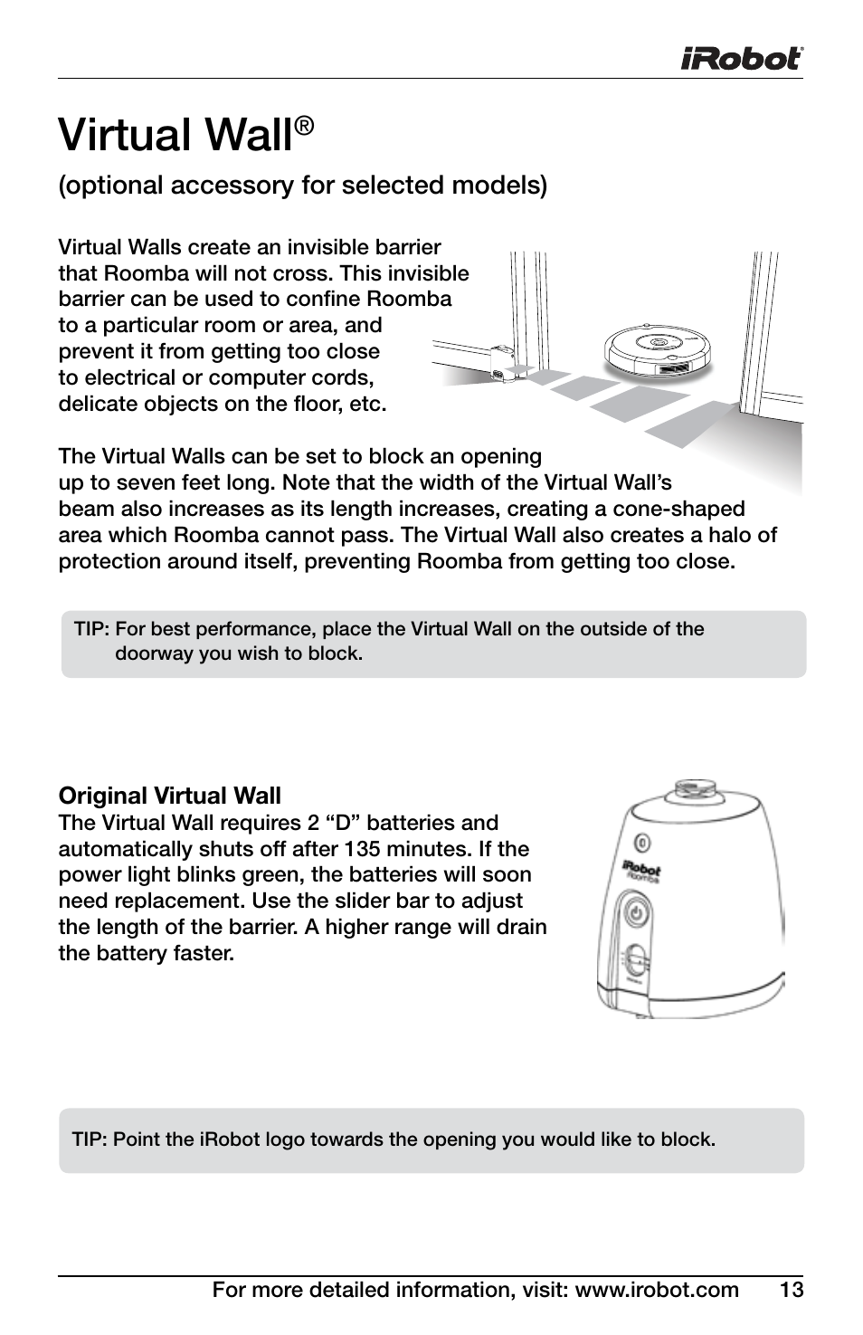 Virtual wall, Optional accessory for selected models) | iRobot Roomba 600 Series User Manual | Page 13 / 36