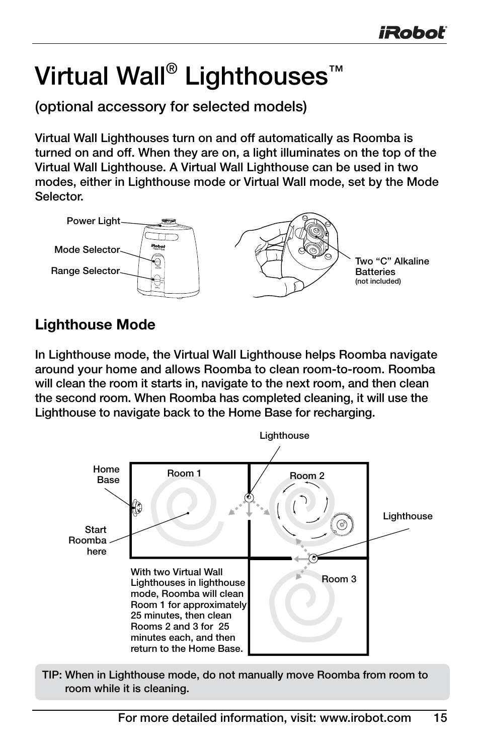 Virtual wall, Lighthouses, Optional accessory for selected models) | Lighthouse mode | iRobot Roomba 600 Series User Manual | Page 15 / 36