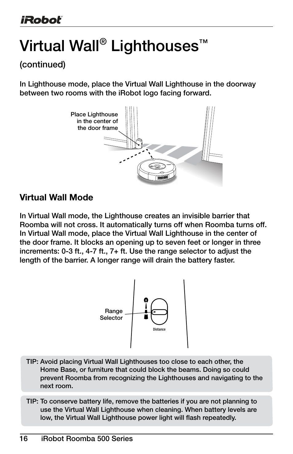 Virtual wall, Lighthouses | iRobot Roomba 600 Series User Manual | Page 16 / 36