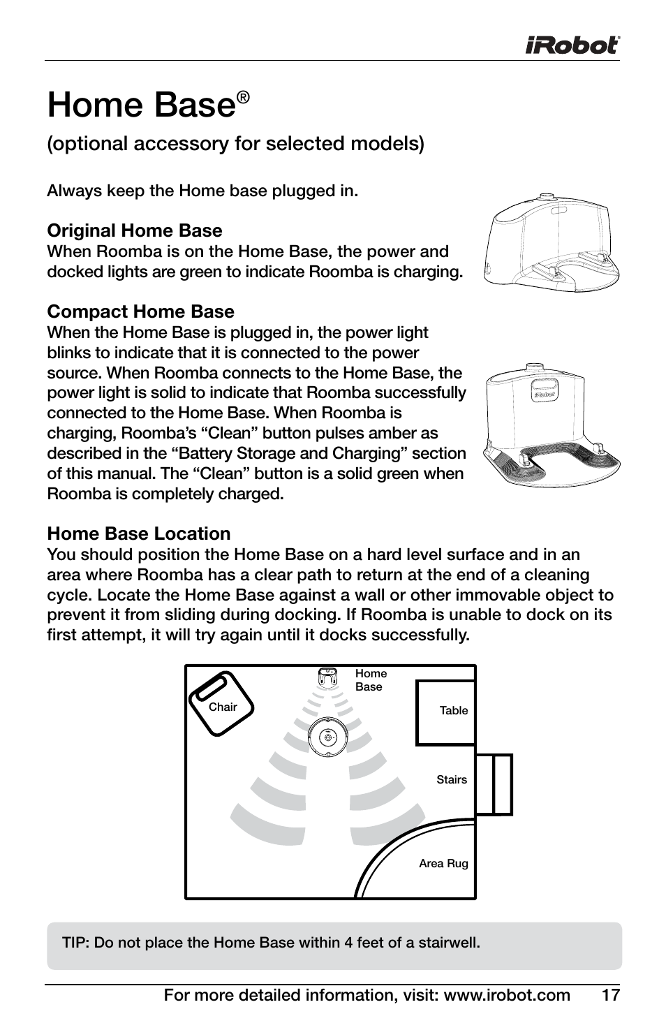 Home base, Optional accessory for selected models) | iRobot Roomba 600 Series User Manual | Page 17 / 36