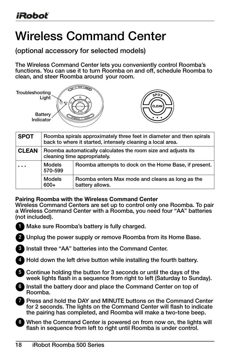 Wireless command center, Optional accessory for selected models) | iRobot Roomba 600 Series User Manual | Page 18 / 36