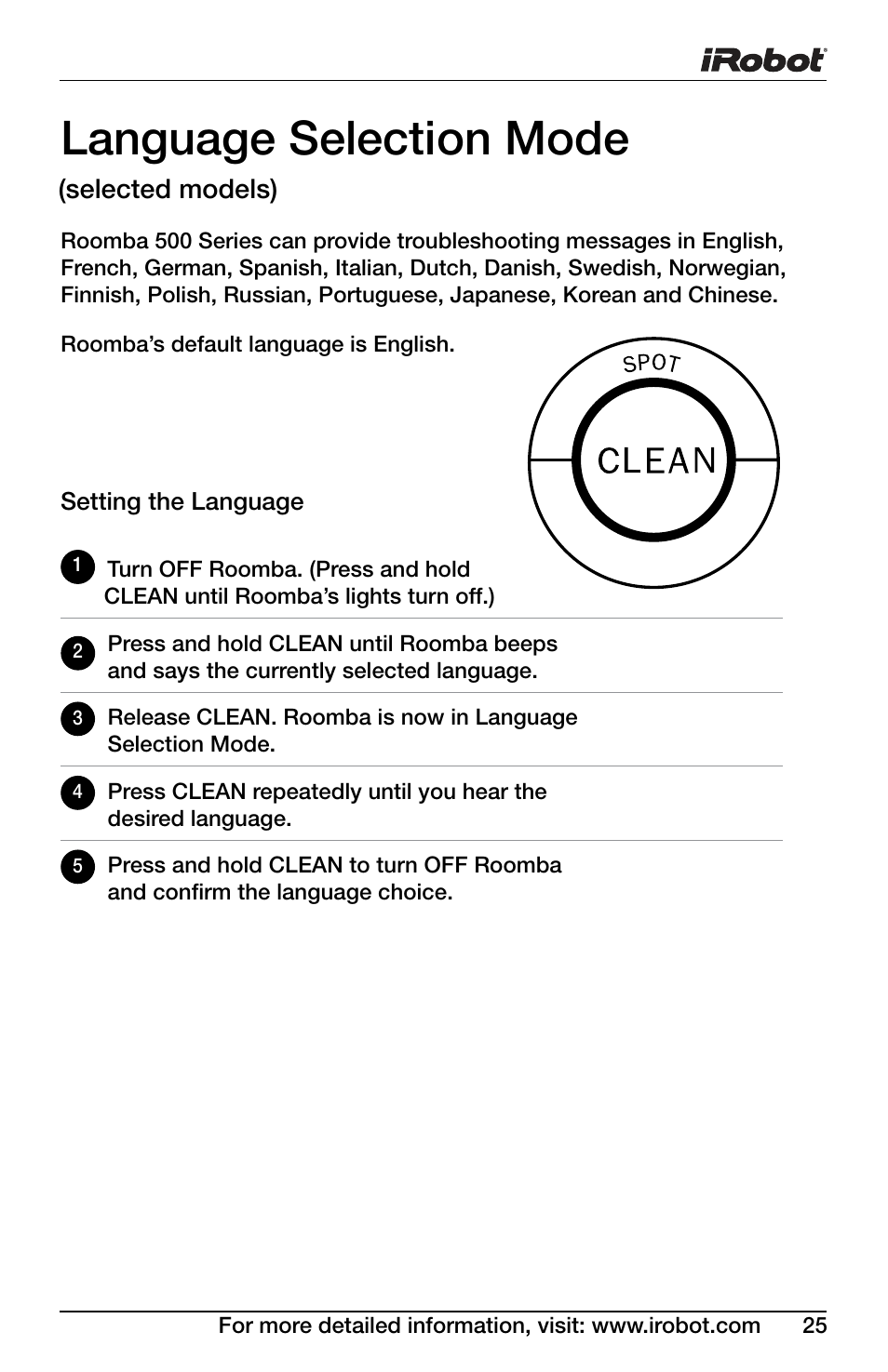 Language selection mode | iRobot Roomba 600 Series User Manual | Page 25 / 36