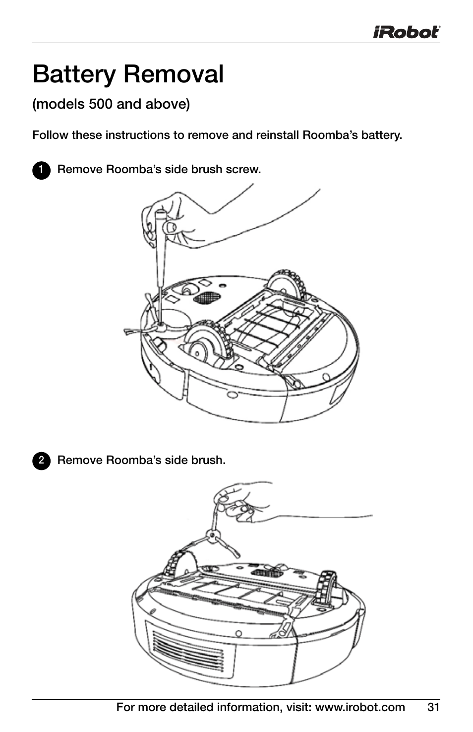 Battery removal | iRobot Roomba 600 Series User Manual | Page 31 / 36