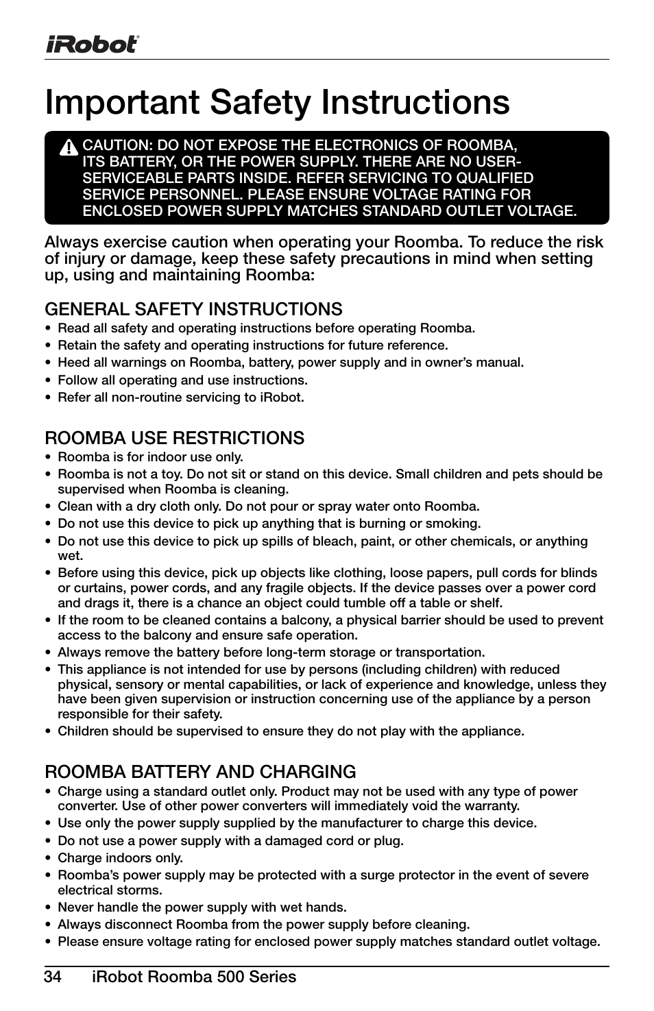 Important safety instructions, General safety instructions, Roomba use restrictions | Roomba battery and charging | iRobot Roomba 600 Series User Manual | Page 34 / 36