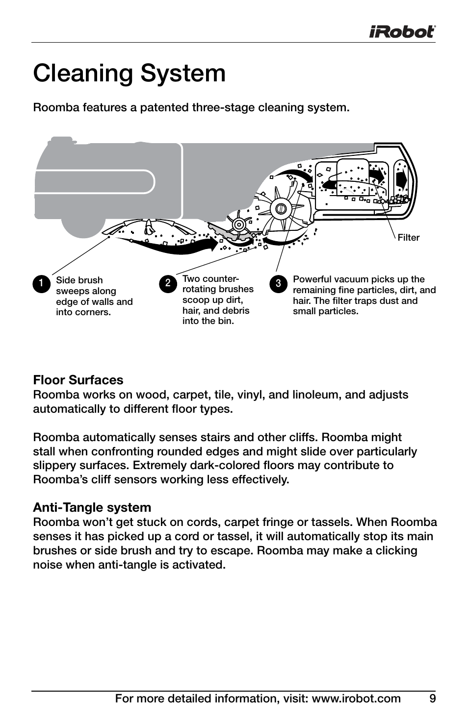 Cleaning system, Floor surfaces, Anti-tangle system | iRobot Roomba 600 Series User Manual | Page 9 / 36