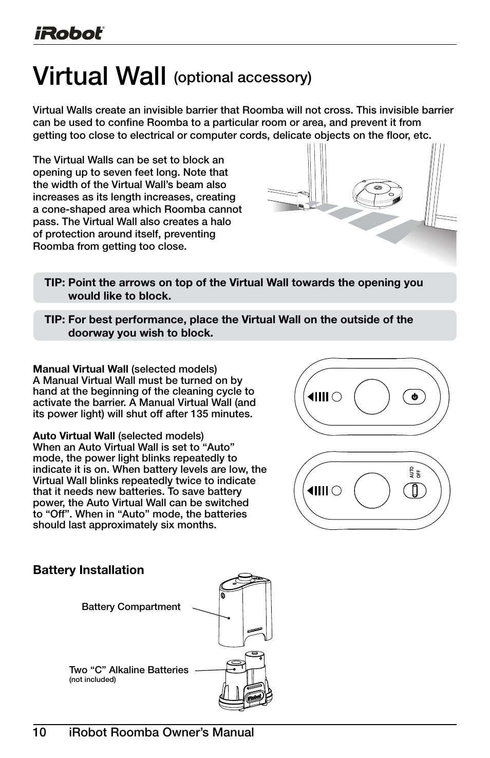 Virtual wall, Optional accessory), 10 irobot roomba owner’s manual | Battery installation | iRobot Roomba Discovery Series 430 User Manual | Page 10 / 16