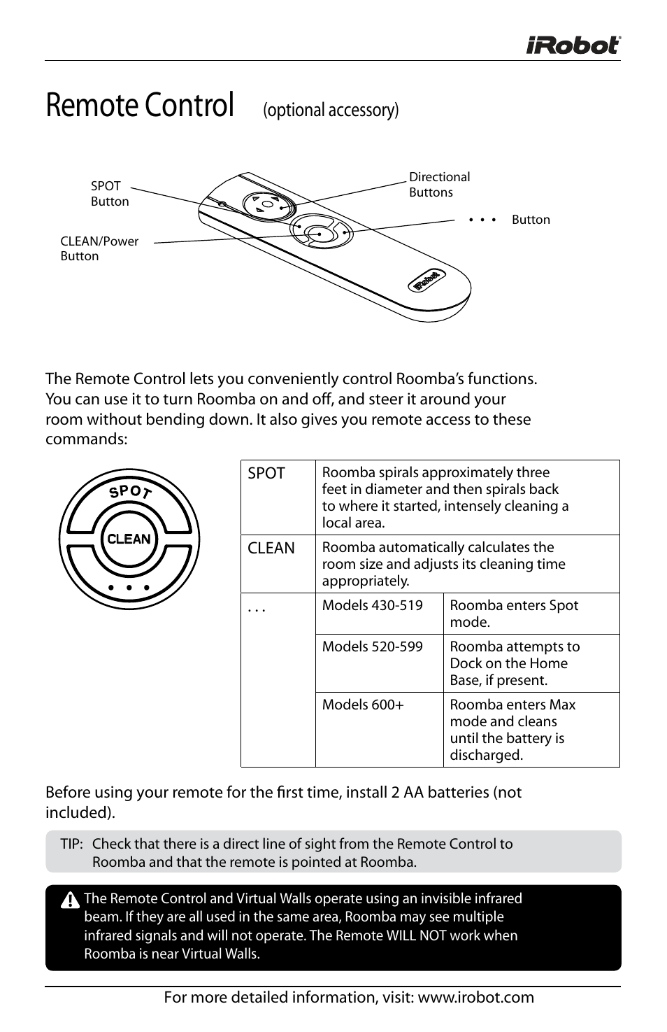 Remote control | iRobot Roomba Discovery Series 430 User Manual | Page 11 / 16