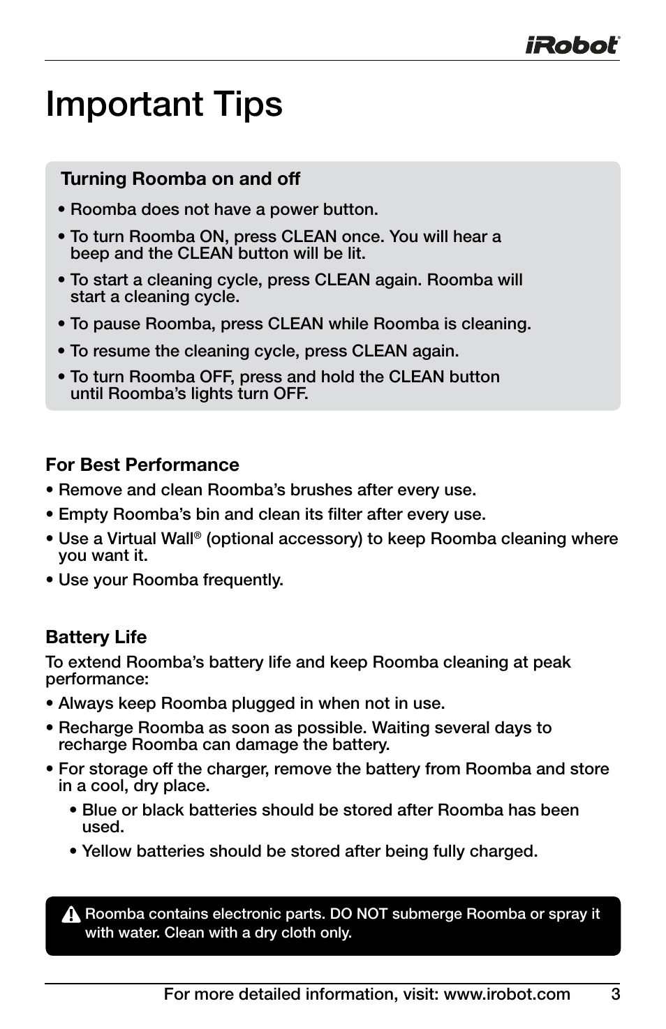 Important tips | iRobot Roomba Discovery Series 430 User Manual | Page 3 / 16