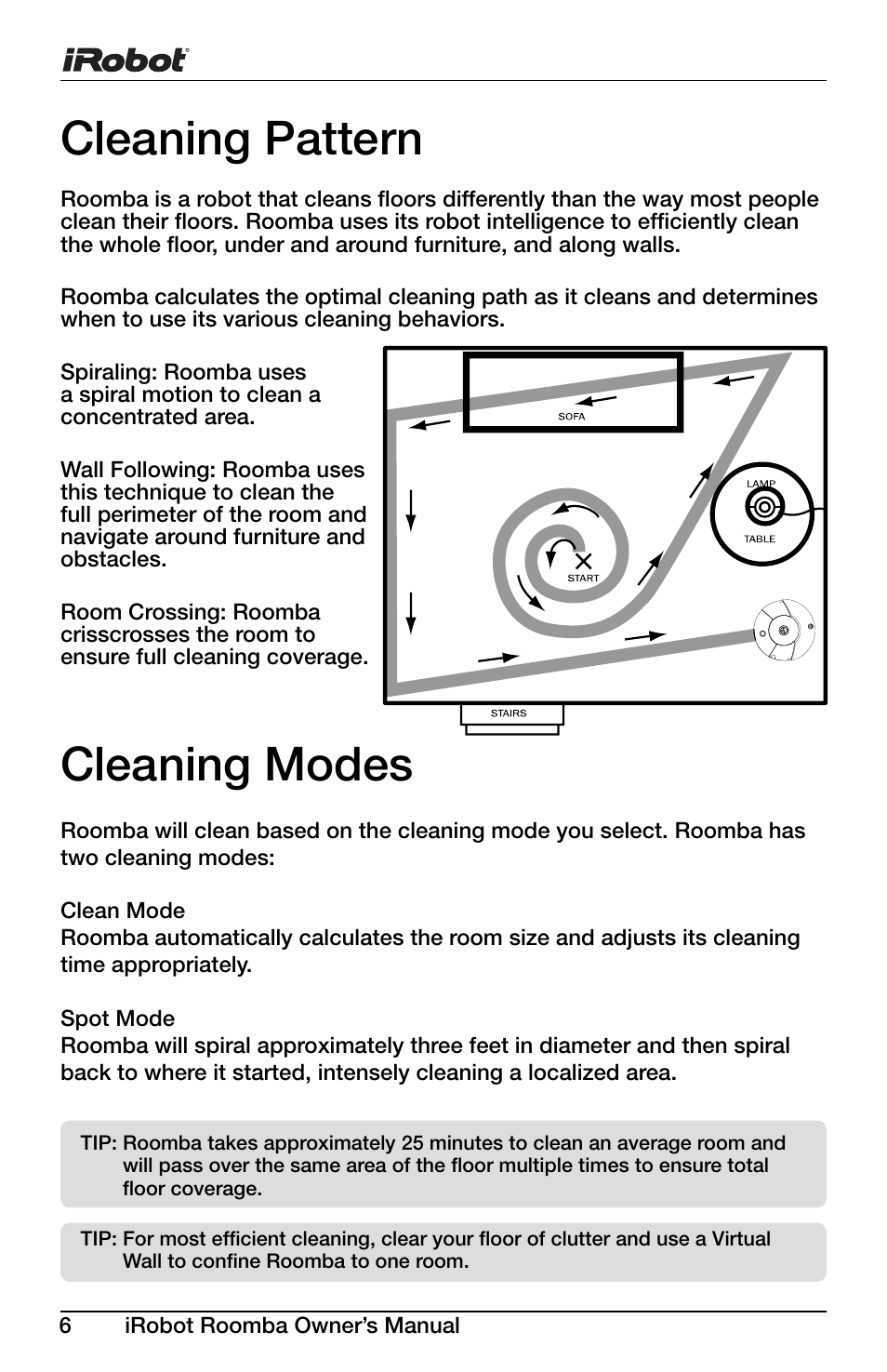 Cleaning pattern, Cleaning modes | iRobot Roomba Discovery Series 430 User Manual | Page 6 / 16