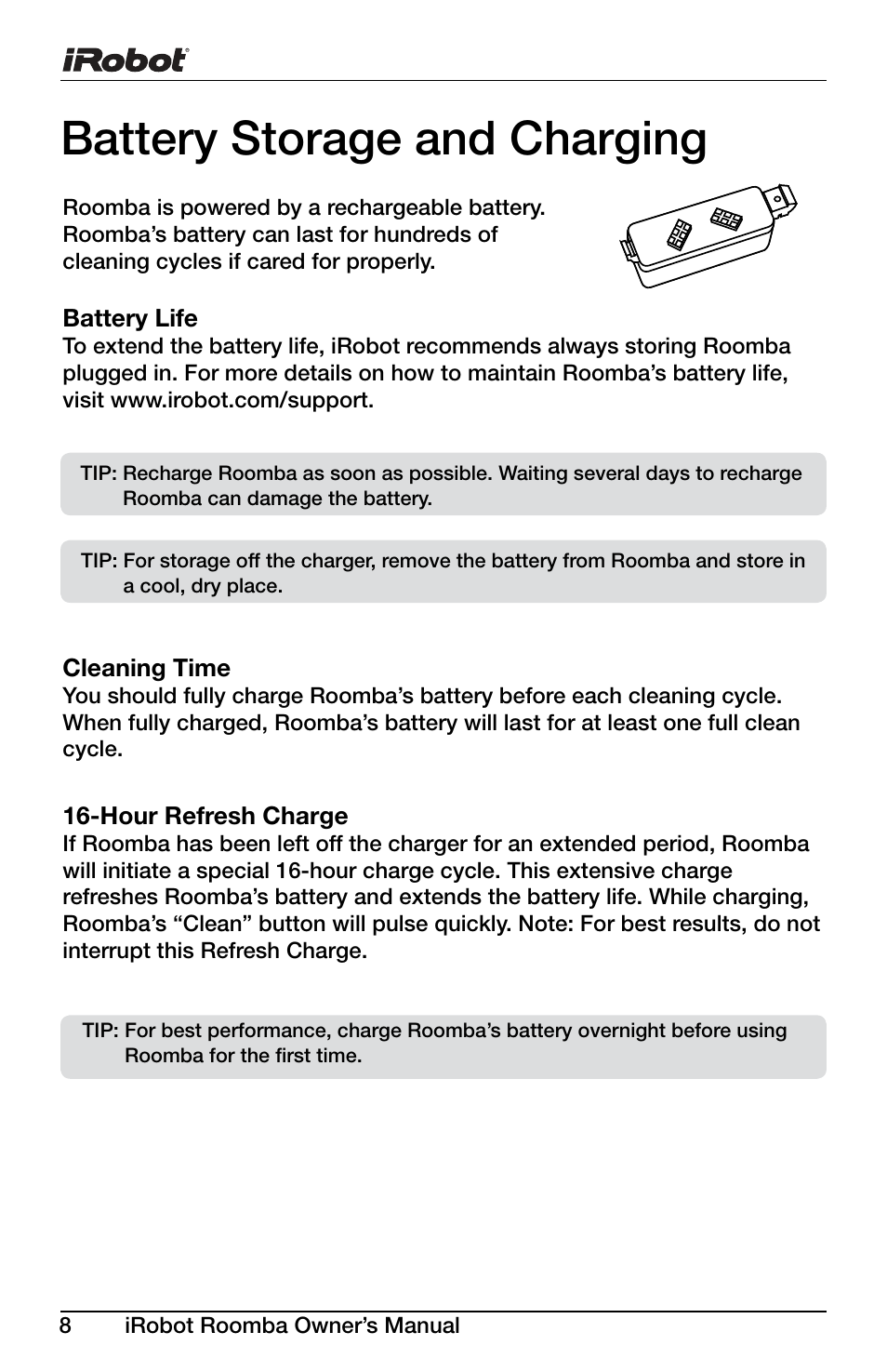 Battery storage and charging | iRobot Roomba Discovery Series 430 User Manual | Page 8 / 16